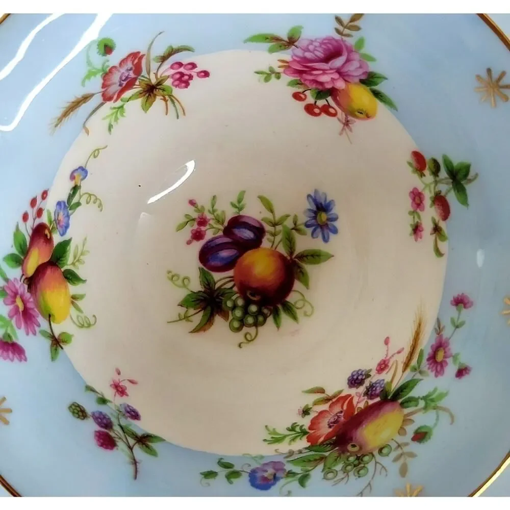 Vtg E.B Foley Beautiful Cup & Saucer Fruit Floral‎ Sky Blue Wide Mouth Gold Rim